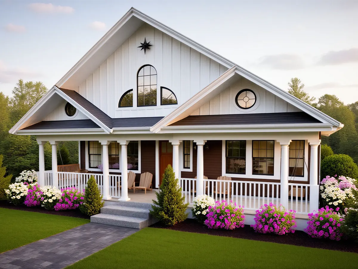 Charming Farmhouse Style ADU, classic columns and front porch, decorative gables, nicely landscaped providing independent living in a well designed ADU.