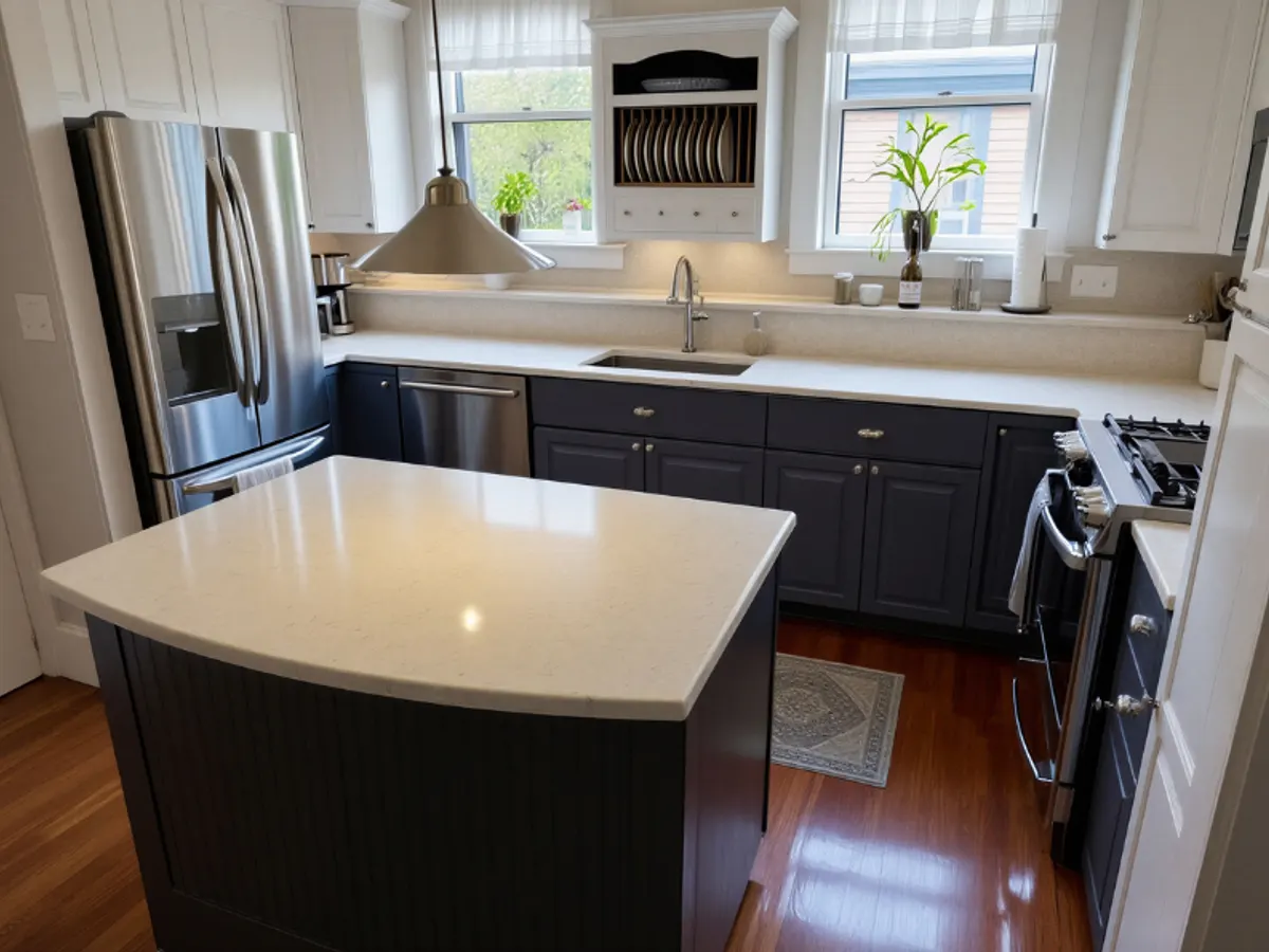 Tidy and attractive Navy cabnitry, a free standing island for food preparation