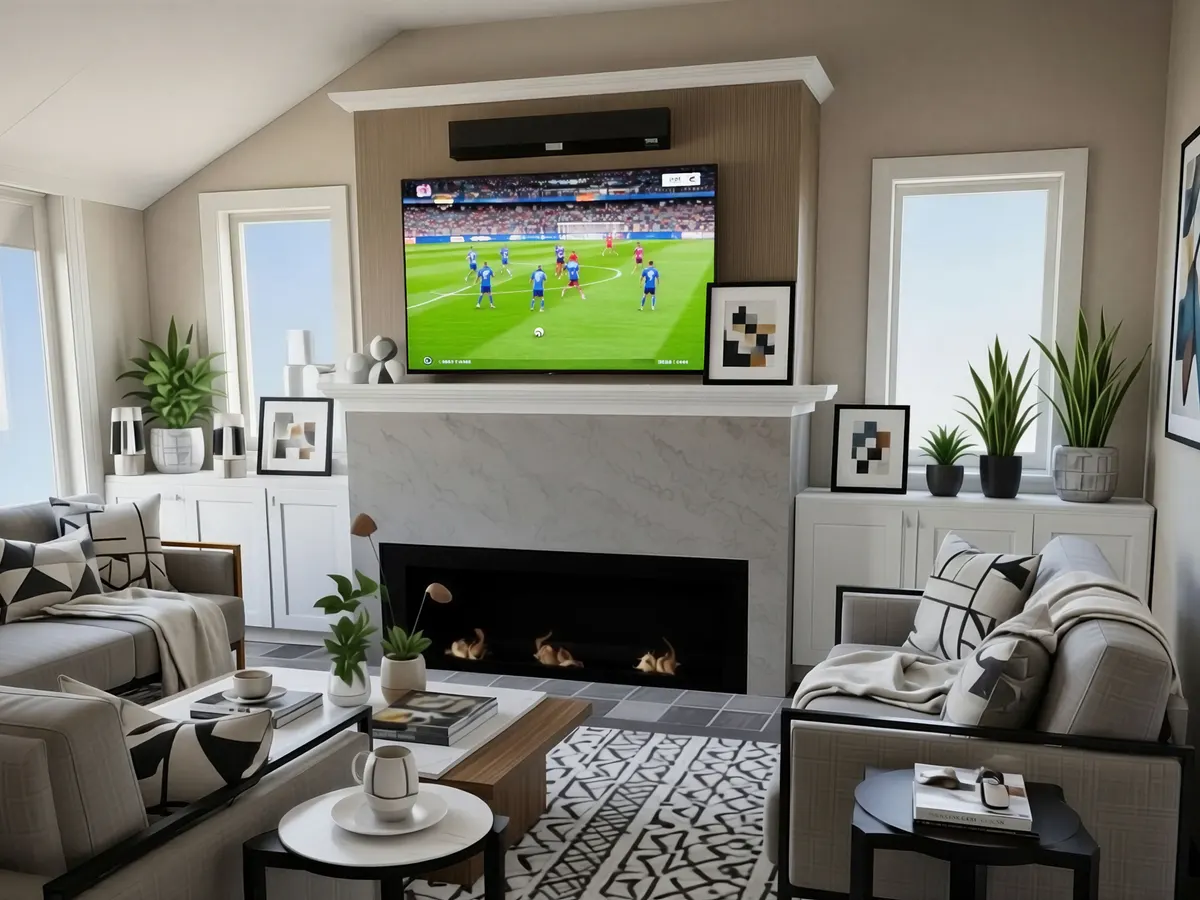 Cozy living area with a flat screen TV above the fireplace, with windows on 
                either side providing natural lighting. Two matching couches on either side, and a single 
                eacy chair facing the fireplace complete the setting for people to enjoy watching together.